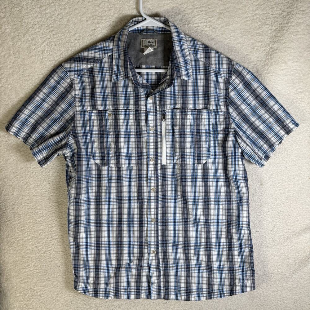 LL Bean Fishing Shirt Mens Large Plaid Vented Zip Chest Pocket Outdoor Hiking